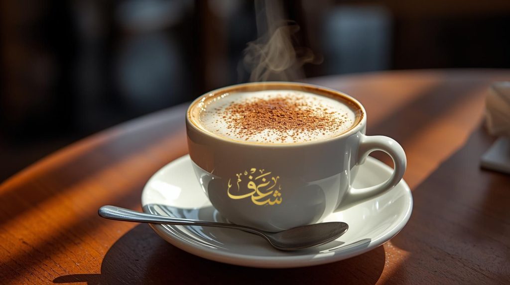 Cappuccino near Fairfax Virginia served in a white ceramic cup with frothy milk and cocoa powder at Shaghf Cafe