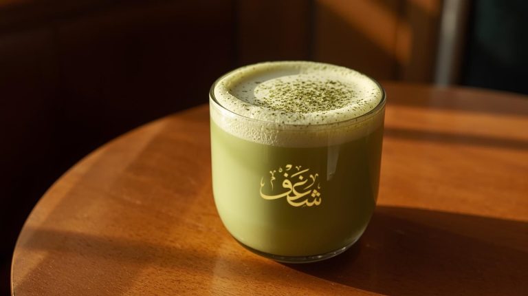 Coconut Matcha Latte near Fairfax Virginia served at Shaghf Cafe in Falls Church in a simple transparent circular glass with frothy matcha and matcha powder