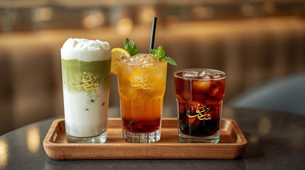 Cold drinks near Fairfax served in pouch, can-style cup, and glass on a café table.