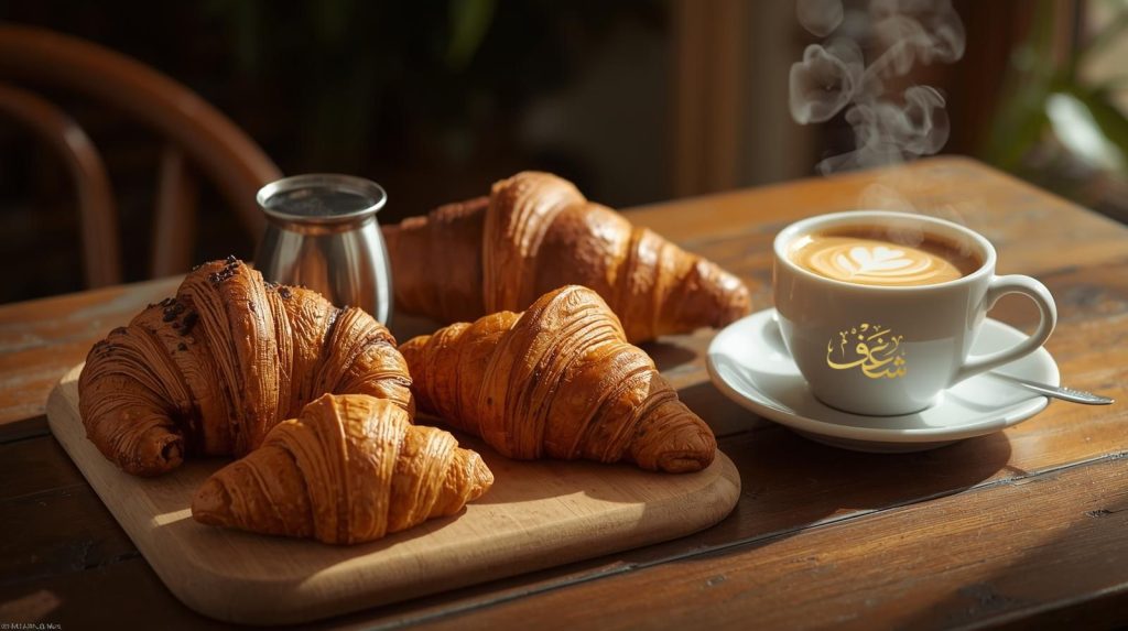 Freshly baked croissants near Fairfax Virginia at Shaghf Cafe in Falls Church including almond, Nutella, and classic croissants with coffee