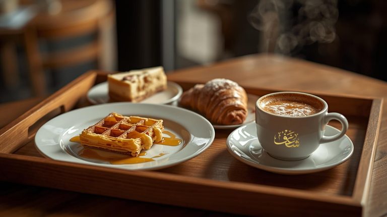 Desserts near Fairfax including Croffle, Almond Croissant, and San Sebastian cheesecake with coffee on a tray.