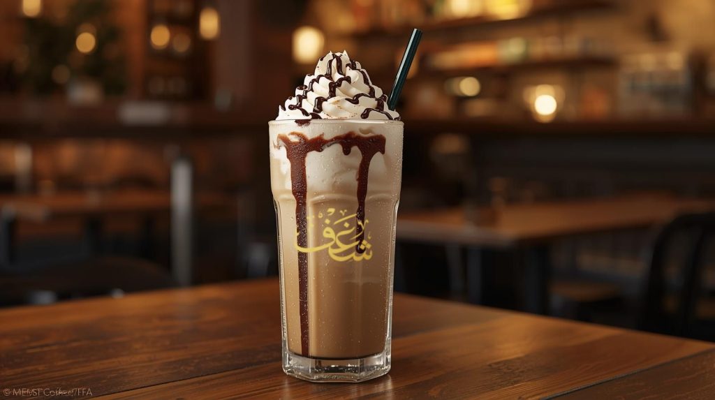 Frappuccino near Fairfax served in a tall glass with whipped cream and chocolate drizzle on a café table.