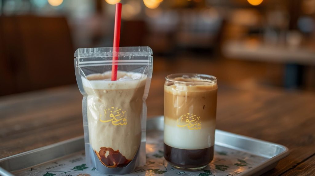 Halal restaurant near Fairfax serving cold drinks in a pouch and can-style cup on a tray.
