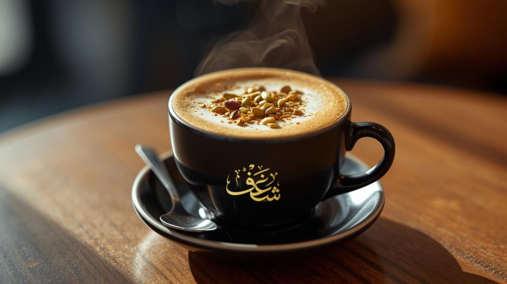 Hot Pistachio near Fairfax Virginia served in a ceramic black coffee cup with frothy milk and pistachio garnish at Shaghf Cafe