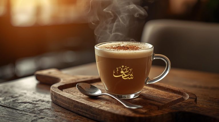 Glass of traditional Karak Chai with frothy top at Shaghf Cafe near Fairfax Virginia