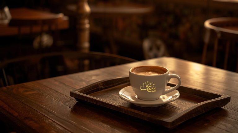 Persian restaurant near Fairfax serving hot coffee in a ceramic cup on a tray.