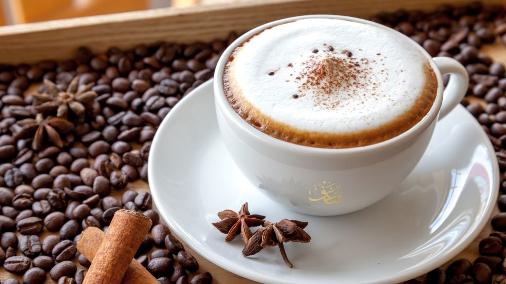 Creamy Best Cappuccinowith latte art served at Shaghf VA Café in Falls Church, Virginia, crafted with premium Arabic coffee