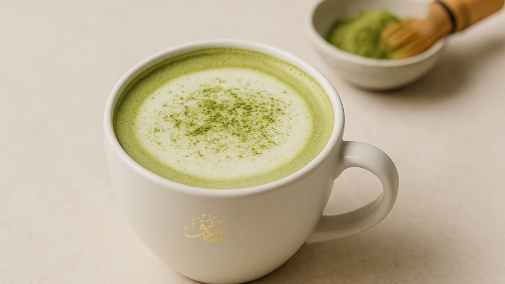 Vibrant and the best Coconut Matcha Latte served at Shaghf VA Café in Falls Church, Virginia, topped with latte art and creamy coconut foam