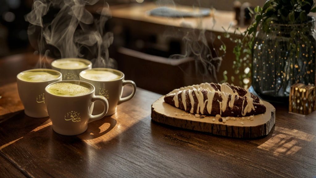 Barista serving the best hot pistachio latte in Arlington, VA topped with crushed nuts and creamy foam at a cozy café.